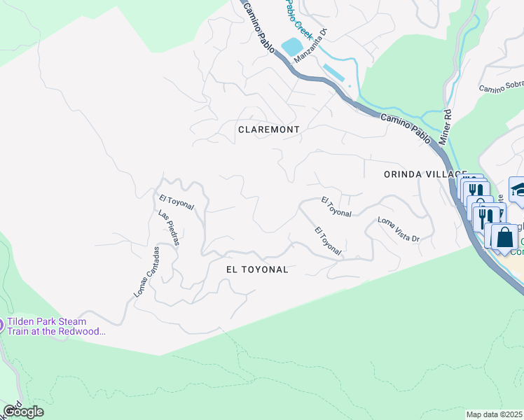map of restaurants, bars, coffee shops, grocery stores, and more near 10 La Encinal in Orinda