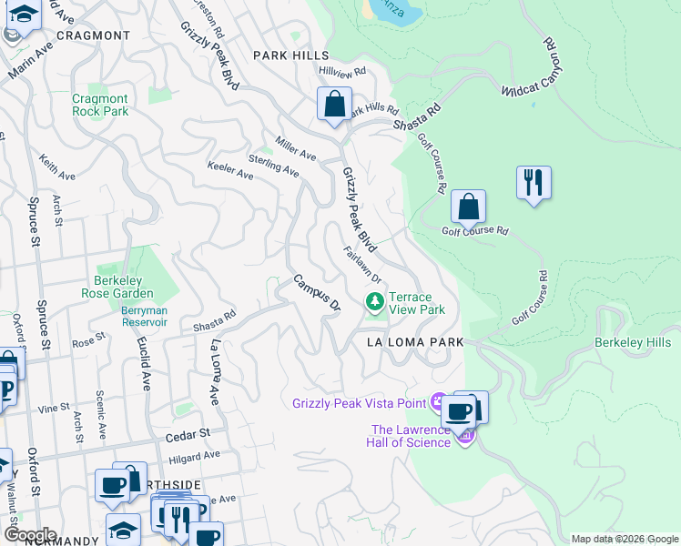 map of restaurants, bars, coffee shops, grocery stores, and more near 1325 Queens Road in Berkeley