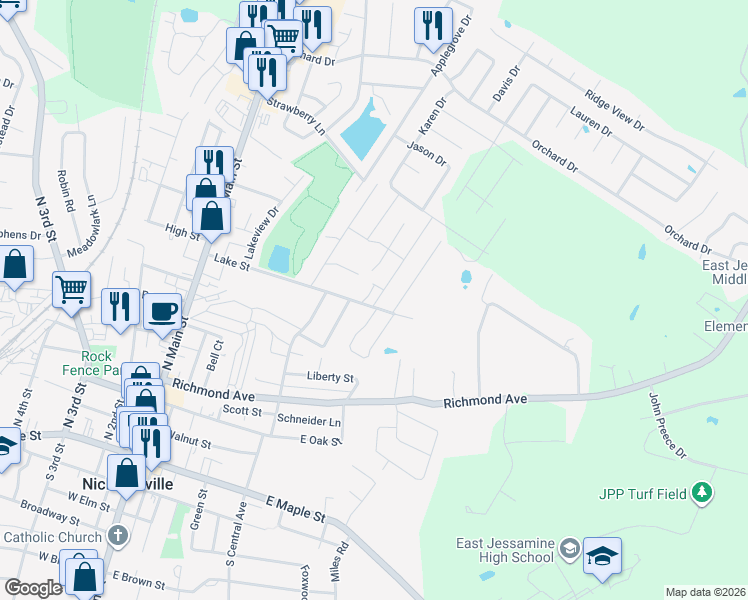 map of restaurants, bars, coffee shops, grocery stores, and more near 101 Hillcrest Drive in Nicholasville