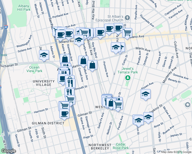 map of restaurants, bars, coffee shops, grocery stores, and more near 1054 Masonic Avenue in Albany