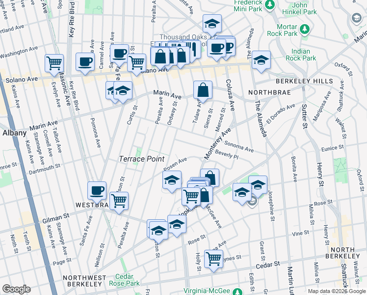 map of restaurants, bars, coffee shops, grocery stores, and more near 1516 Beverly Place in Albany