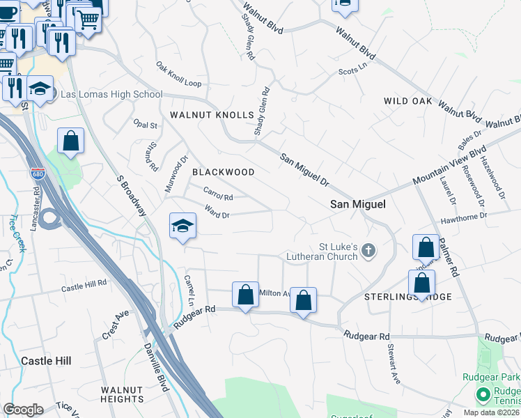 map of restaurants, bars, coffee shops, grocery stores, and more near 2180 Ward Drive in Walnut Creek