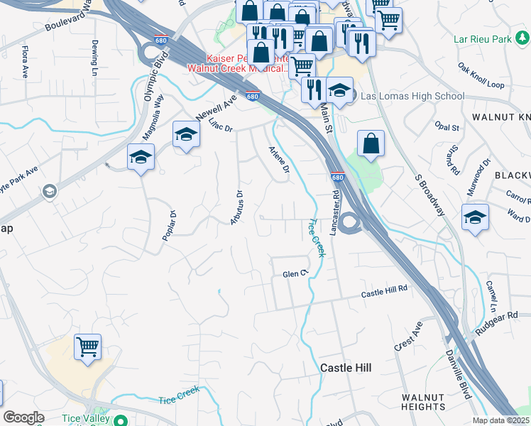 map of restaurants, bars, coffee shops, grocery stores, and more near 1720 Orchard Lane in Walnut Creek