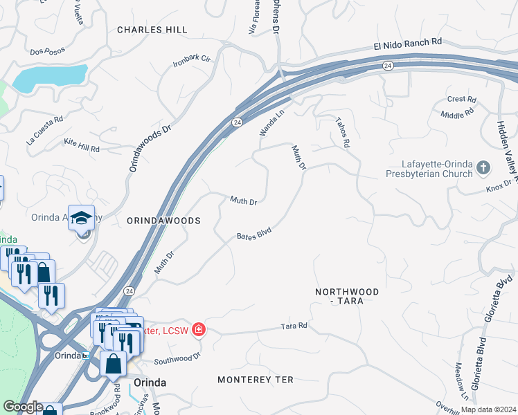 map of restaurants, bars, coffee shops, grocery stores, and more near 50 Muth Drive in Orinda