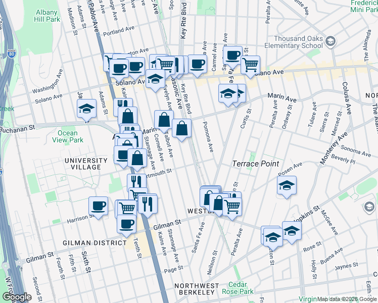 map of restaurants, bars, coffee shops, grocery stores, and more near 1054 Masonic Avenue in Albany