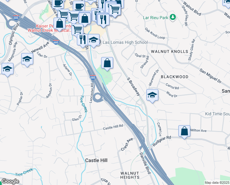 map of restaurants, bars, coffee shops, grocery stores, and more near 1459 Creekside Drive in Walnut Creek