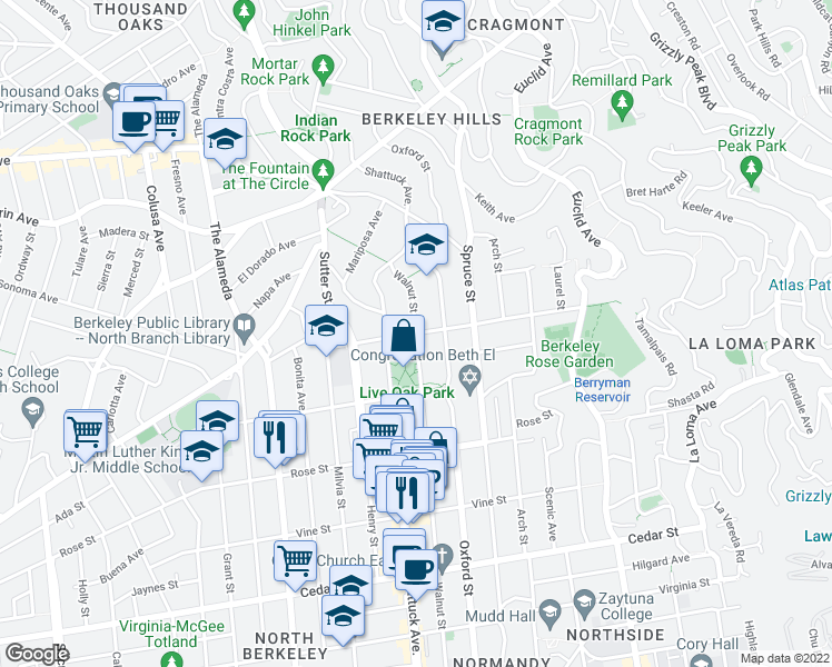 map of restaurants, bars, coffee shops, grocery stores, and more near Walnut St & Eunice St in Berkeley