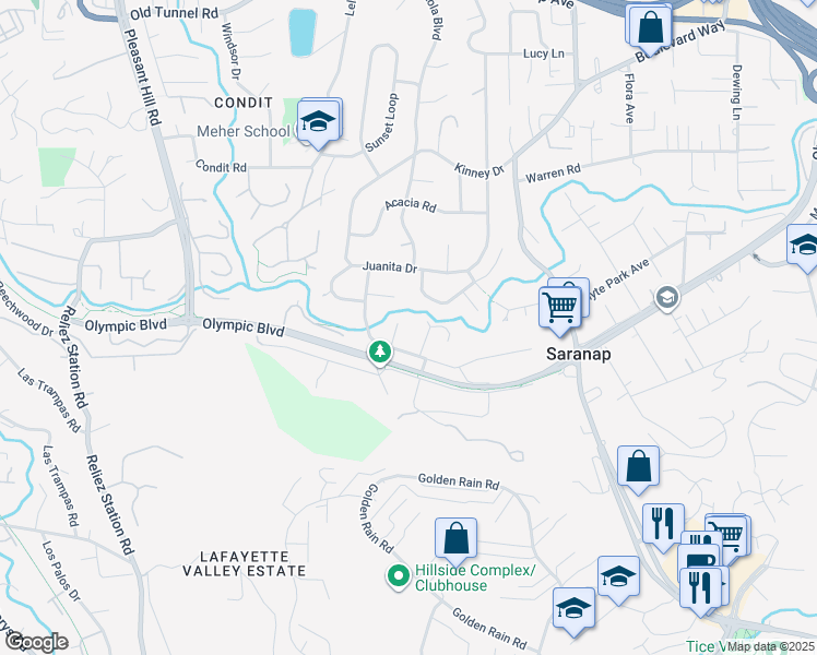 map of restaurants, bars, coffee shops, grocery stores, and more near 20 Stanley Court in Walnut Creek