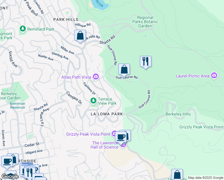 map of restaurants, bars, coffee shops, grocery stores, and more near 1352 Summit Road in Berkeley