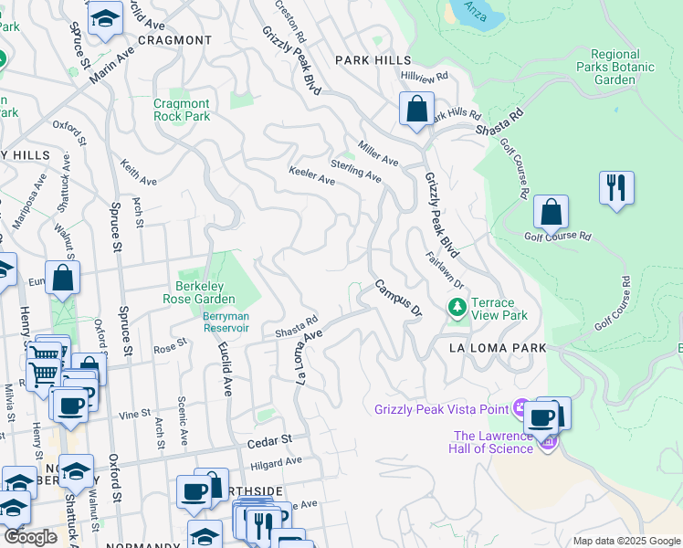 map of restaurants, bars, coffee shops, grocery stores, and more near 75 Northgate Avenue in Berkeley