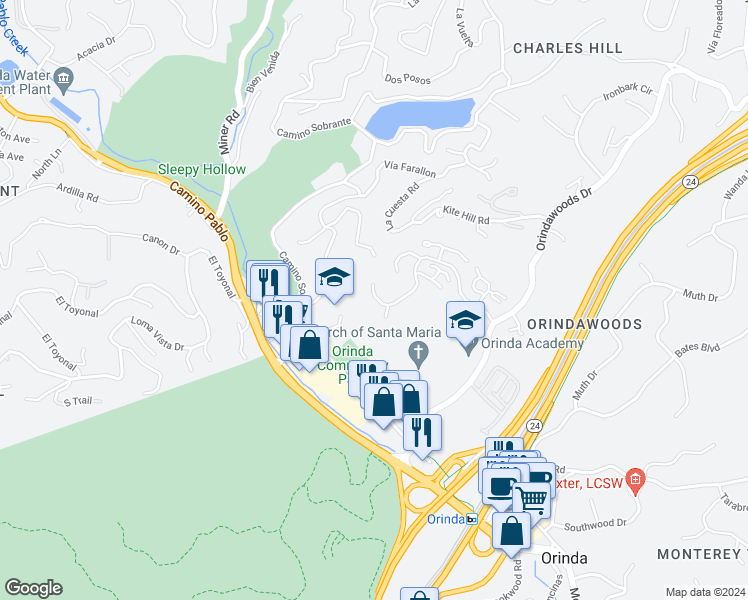 map of restaurants, bars, coffee shops, grocery stores, and more near 623 Watchwood Road in Orinda