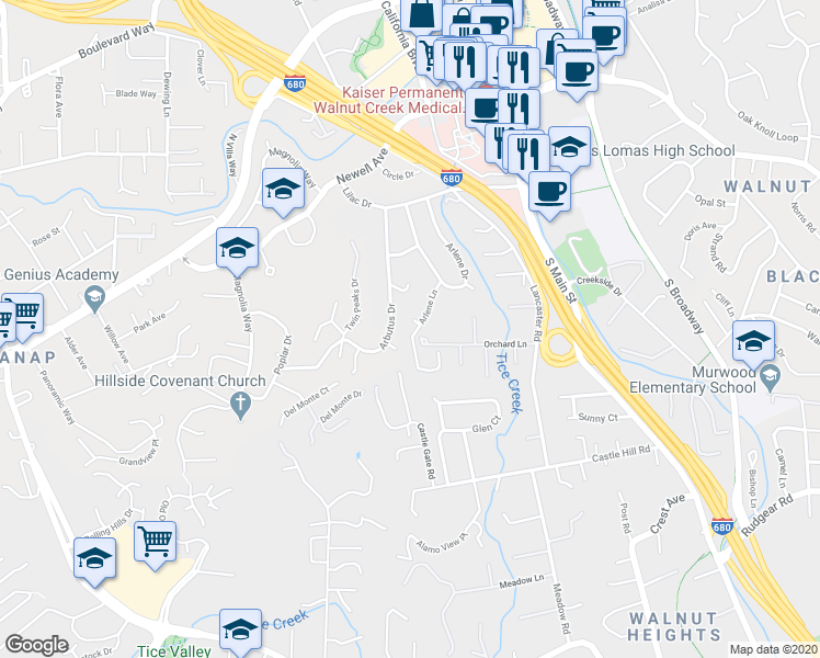map of restaurants, bars, coffee shops, grocery stores, and more near 40 Arlene Lane in Walnut Creek
