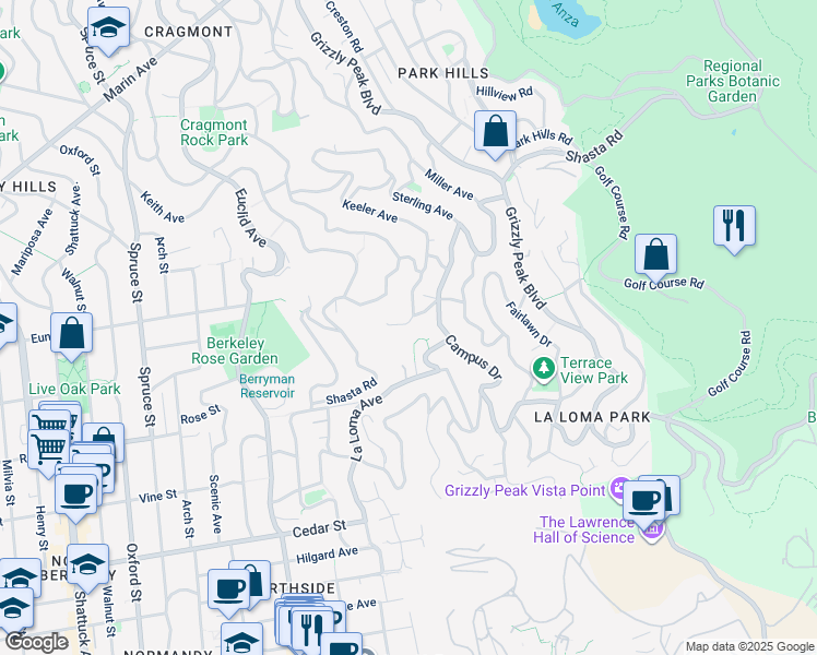 map of restaurants, bars, coffee shops, grocery stores, and more near 69 Northgate Avenue in Berkeley