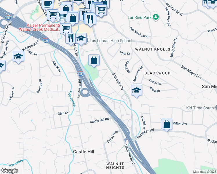 map of restaurants, bars, coffee shops, grocery stores, and more near 1440 Creekside Drive in Walnut Creek