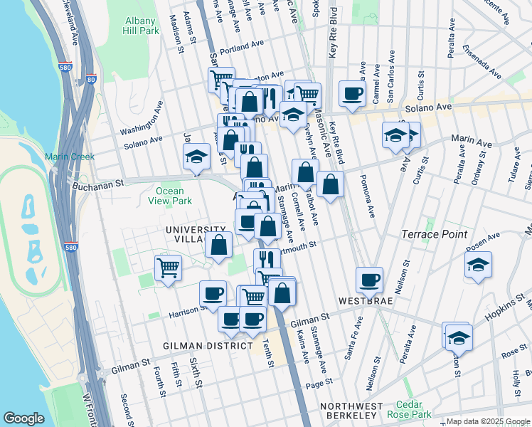 map of restaurants, bars, coffee shops, grocery stores, and more near 1038 Kains Avenue in Albany