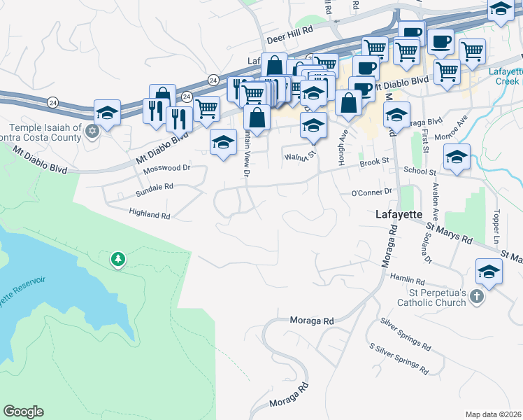 map of restaurants, bars, coffee shops, grocery stores, and more near 3 Mountain View Place in Lafayette