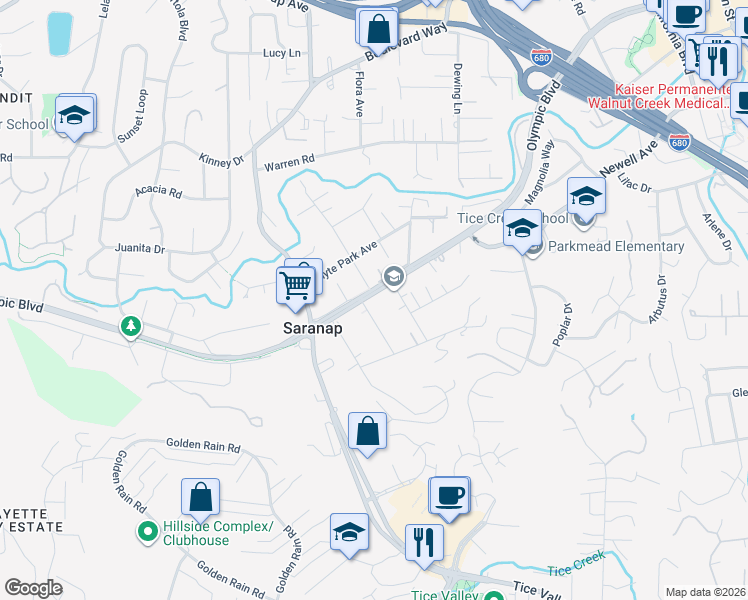 map of restaurants, bars, coffee shops, grocery stores, and more near 26 Alder Avenue in Walnut Creek
