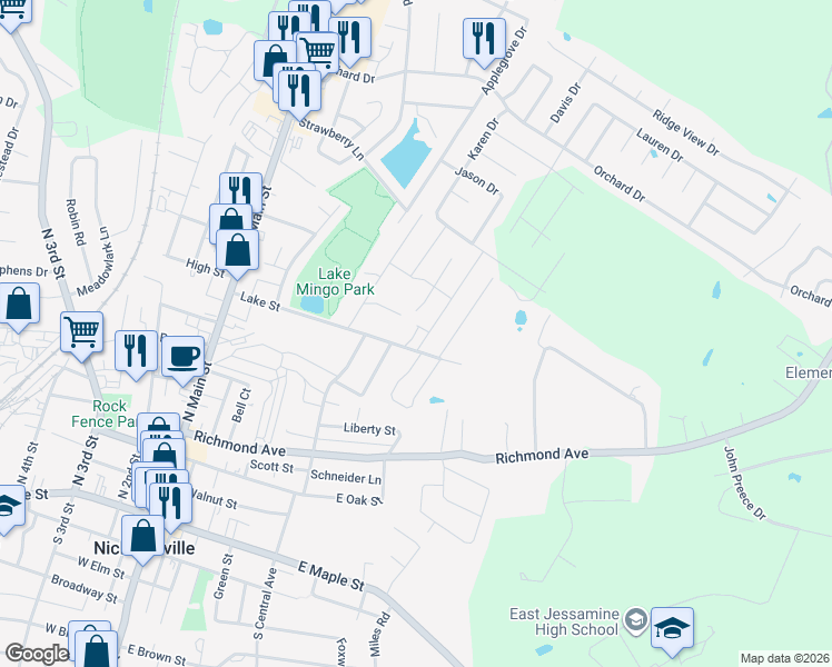 map of restaurants, bars, coffee shops, grocery stores, and more near 101 Hillcrest Drive in Nicholasville