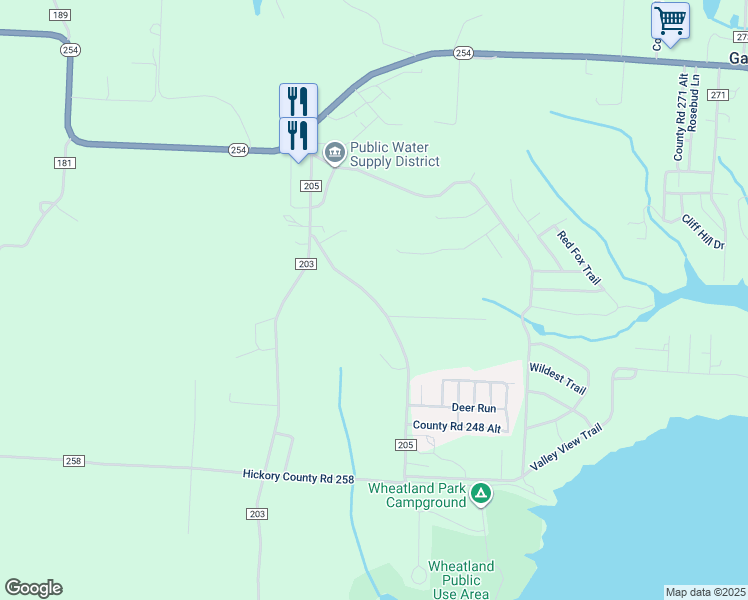 map of restaurants, bars, coffee shops, grocery stores, and more near County Road 205 in Wheatland