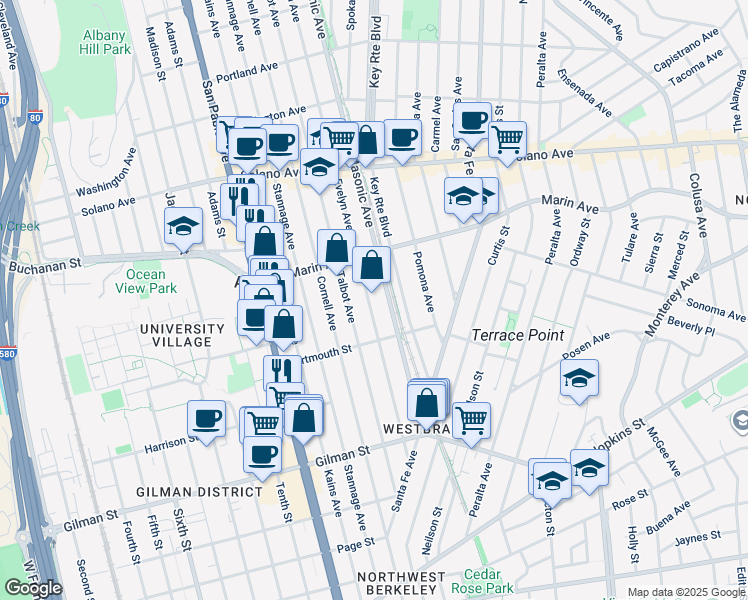 map of restaurants, bars, coffee shops, grocery stores, and more near 1057 Talbot Avenue in Albany