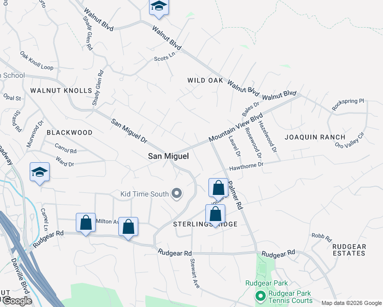 map of restaurants, bars, coffee shops, grocery stores, and more near 2340 San Miguel Drive in Walnut Creek