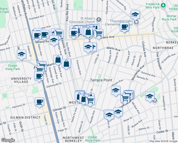 map of restaurants, bars, coffee shops, grocery stores, and more near 1047 Santa Fe Avenue in Albany