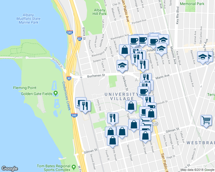 map of restaurants, bars, coffee shops, grocery stores, and more near 900 Buchanan Street in Berkeley