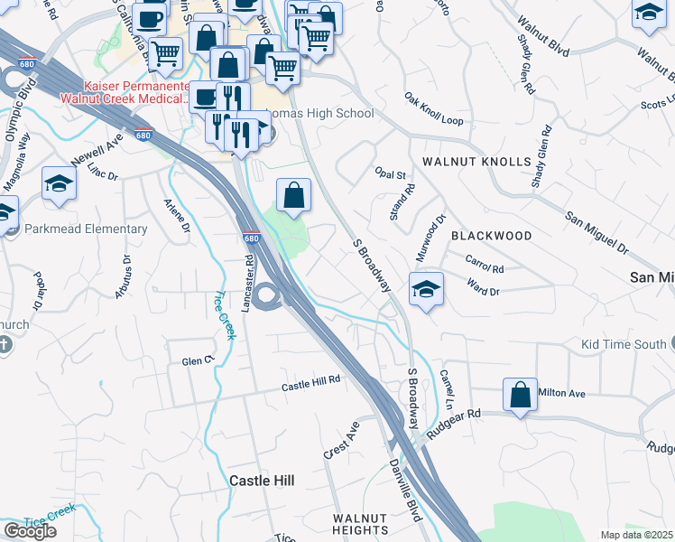 map of restaurants, bars, coffee shops, grocery stores, and more near 1440 Creekside Drive in Walnut Creek