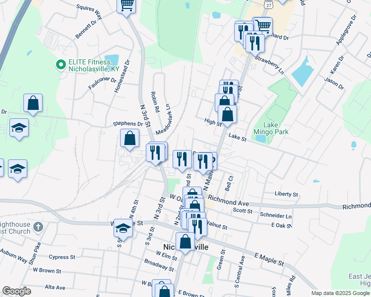map of restaurants, bars, coffee shops, grocery stores, and more near 407 North 2nd Street in Nicholasville