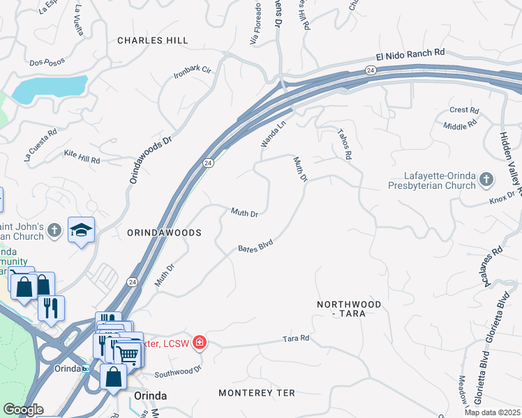 map of restaurants, bars, coffee shops, grocery stores, and more near 49 Muth Drive in Orinda