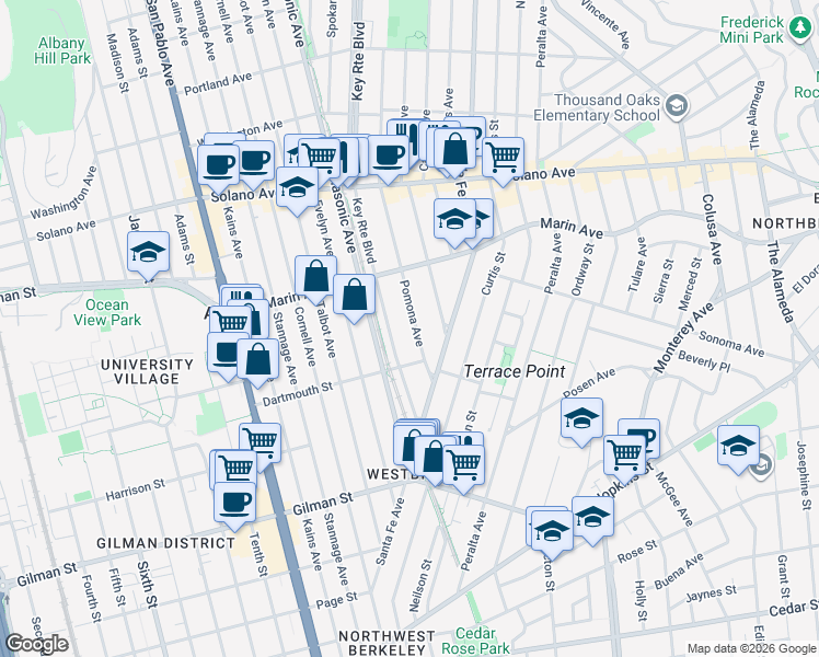 map of restaurants, bars, coffee shops, grocery stores, and more near 1038 Pomona Avenue in Albany