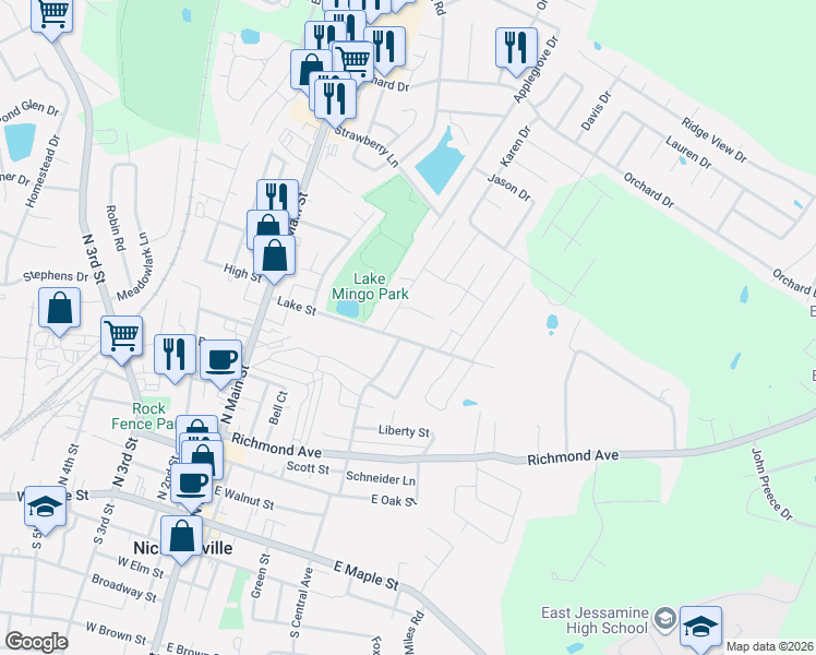 map of restaurants, bars, coffee shops, grocery stores, and more near 100 Sparks Avenue in Nicholasville