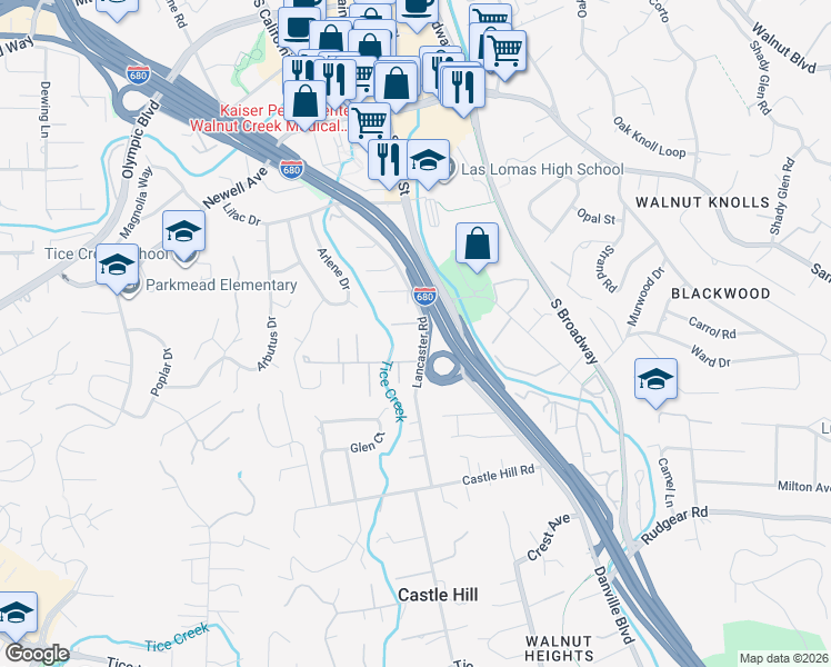 map of restaurants, bars, coffee shops, grocery stores, and more near 275 Lancaster Road in Walnut Creek