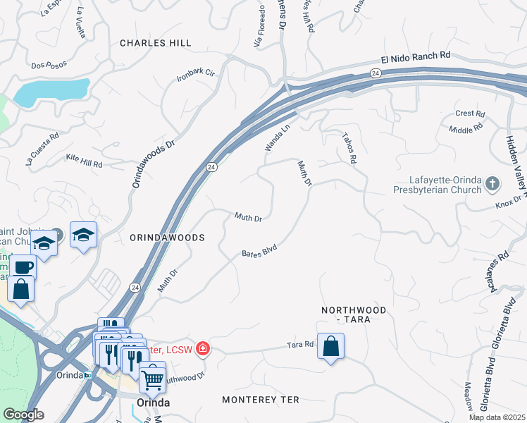 map of restaurants, bars, coffee shops, grocery stores, and more near 49 Muth Drive in Orinda