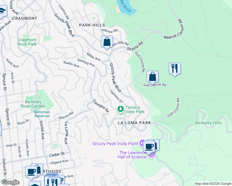 map of restaurants, bars, coffee shops, grocery stores, and more near 111 Fairlawn Drive in Berkeley