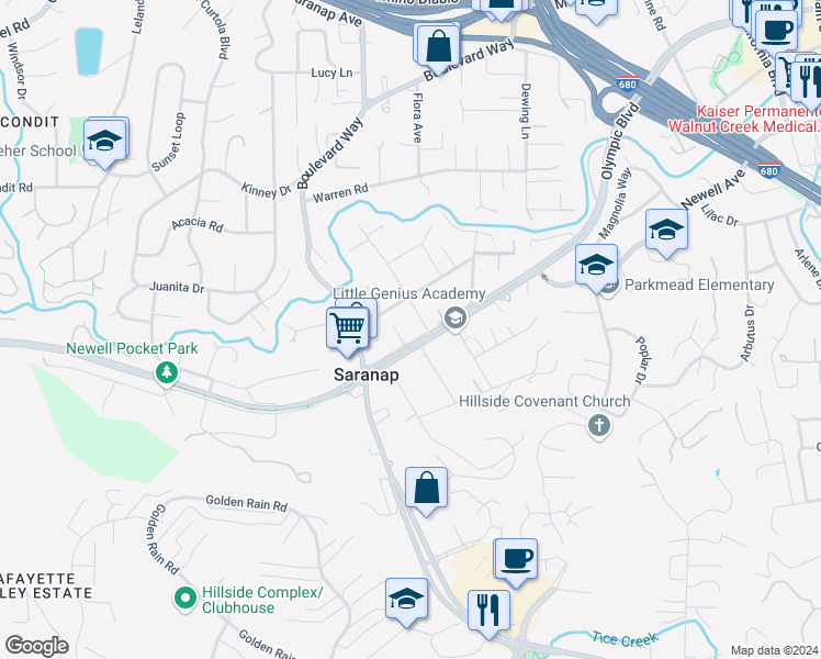 map of restaurants, bars, coffee shops, grocery stores, and more near 96 Cottage Lane in Walnut Creek
