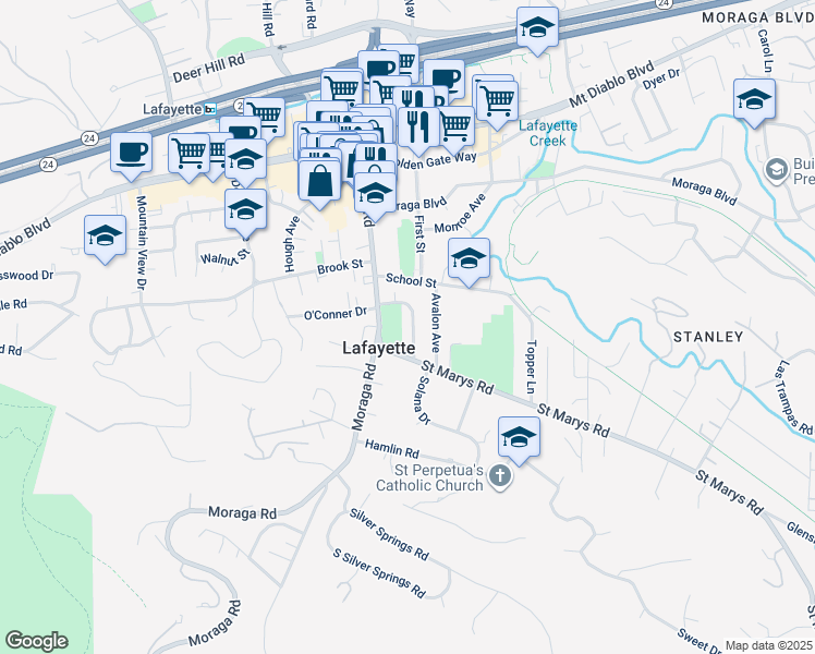 map of restaurants, bars, coffee shops, grocery stores, and more near 819 Rosedale Avenue in Lafayette