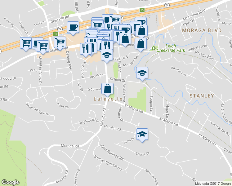 map of restaurants, bars, coffee shops, grocery stores, and more near 819 Rosedale Avenue in Lafayette