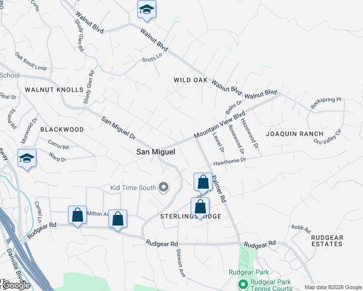 map of restaurants, bars, coffee shops, grocery stores, and more near 20 Vallecito Lane in Walnut Creek