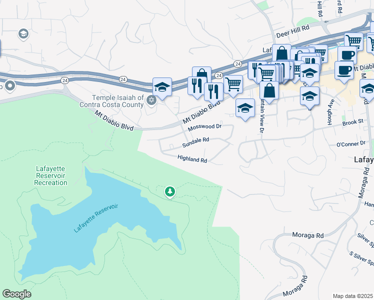 map of restaurants, bars, coffee shops, grocery stores, and more near 3755 Mosswood Drive in Lafayette