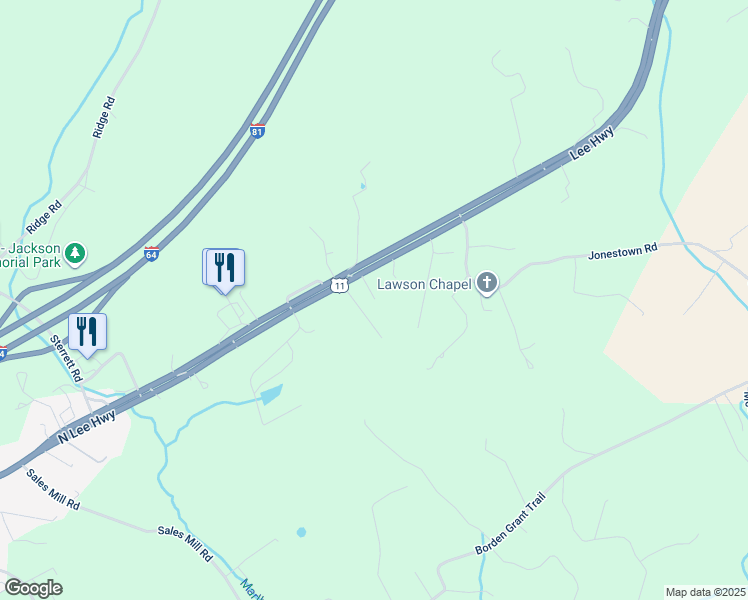map of restaurants, bars, coffee shops, grocery stores, and more near Basslane in Rockbridge