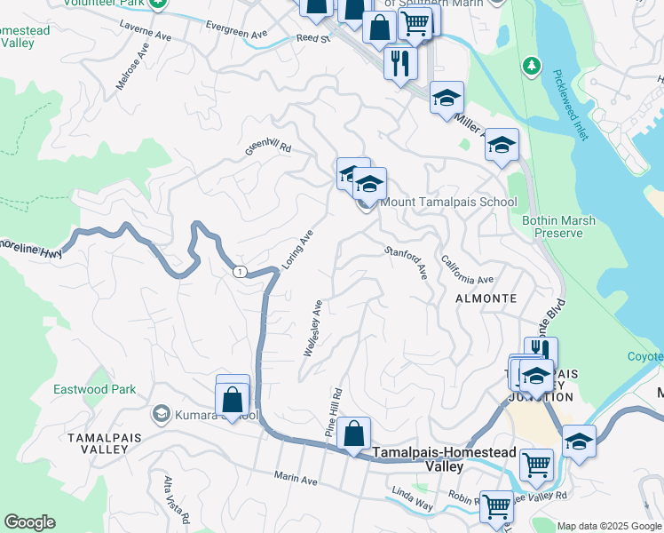 map of restaurants, bars, coffee shops, grocery stores, and more near 461 Wellesley Avenue in Mill Valley