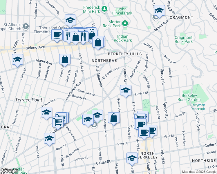 map of restaurants, bars, coffee shops, grocery stores, and more near 1131 The Alameda in Berkeley