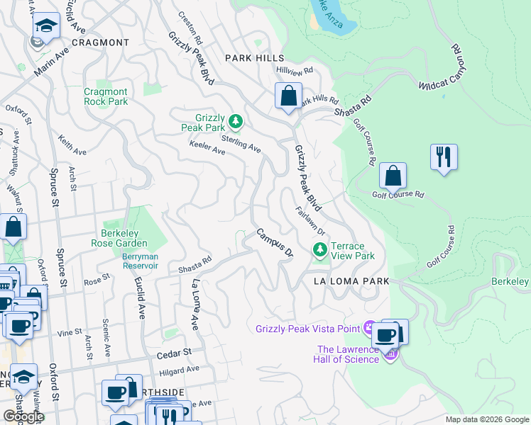 map of restaurants, bars, coffee shops, grocery stores, and more near 1270 Queens Road in Berkeley