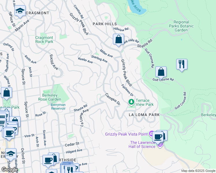map of restaurants, bars, coffee shops, grocery stores, and more near 1270 Queens Road in Berkeley