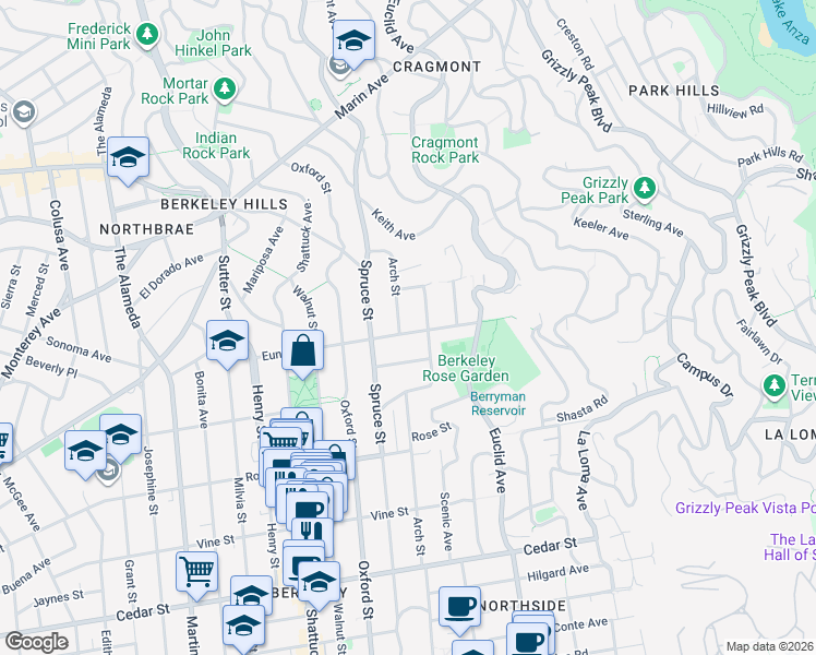 map of restaurants, bars, coffee shops, grocery stores, and more near 1179 Arch Street in Berkeley