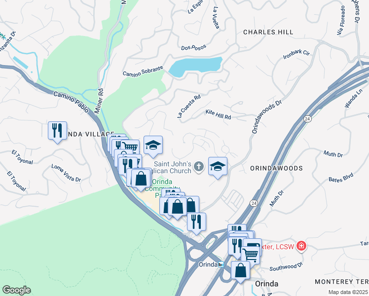 map of restaurants, bars, coffee shops, grocery stores, and more near 432 Ridge Gate Road in Orinda