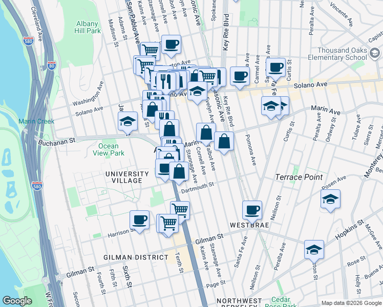map of restaurants, bars, coffee shops, grocery stores, and more near 1013 Stannage Avenue in Albany