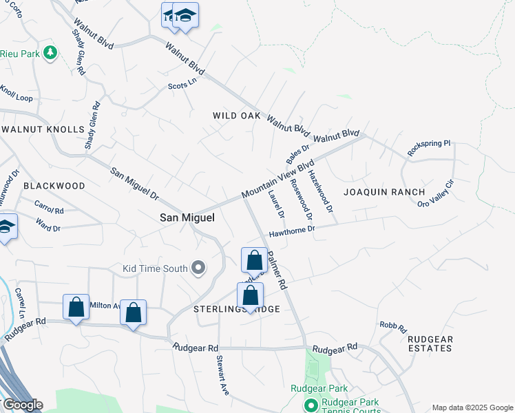 map of restaurants, bars, coffee shops, grocery stores, and more near 1185 Mountain View Boulevard in Walnut Creek