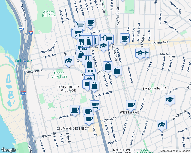 map of restaurants, bars, coffee shops, grocery stores, and more near in Albany